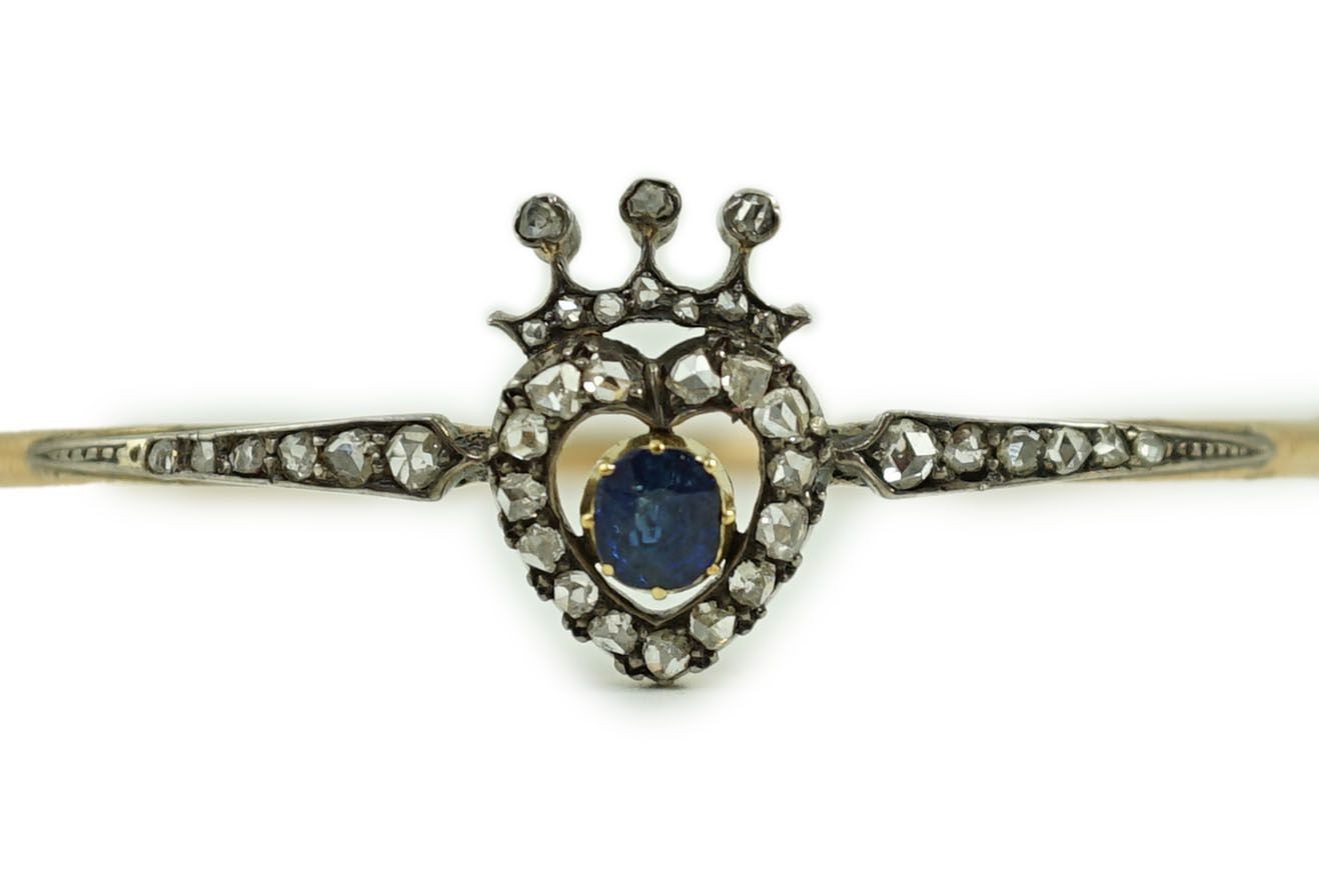 A 19th century gold, sapphire and rose cut diamond set hinged bangle